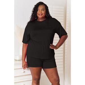 BASIC BAE Black Two Piece Soft Rayon Half Sleeve Top Shorts Set Casual NEW